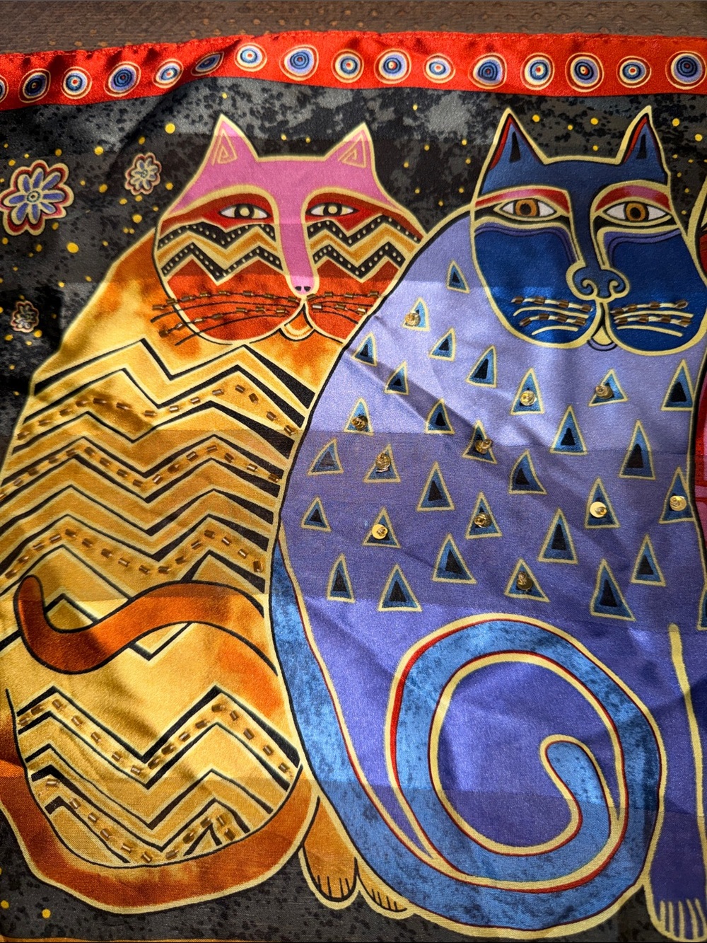 Vintage Laurel Burch Beaded Feline Family Portrait Silk Scarf Cats 53x11 EUC 🐈⬛
